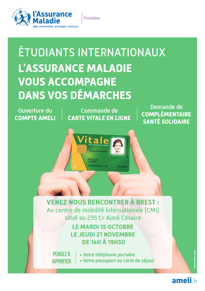Affiche verte de la CPAM, le texte indique les dates et heures de l'évènement