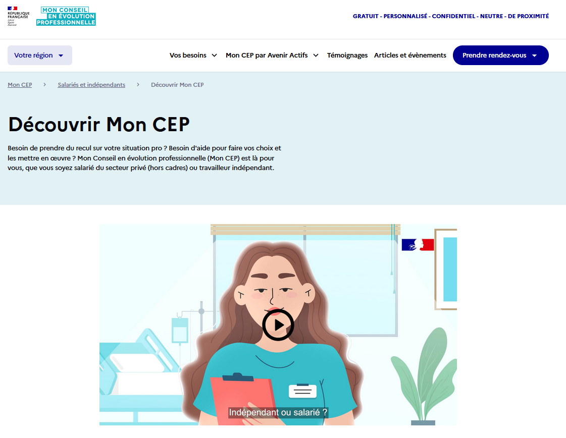 Capture d'écran du site web sur les conseillers en évolution professionnelle