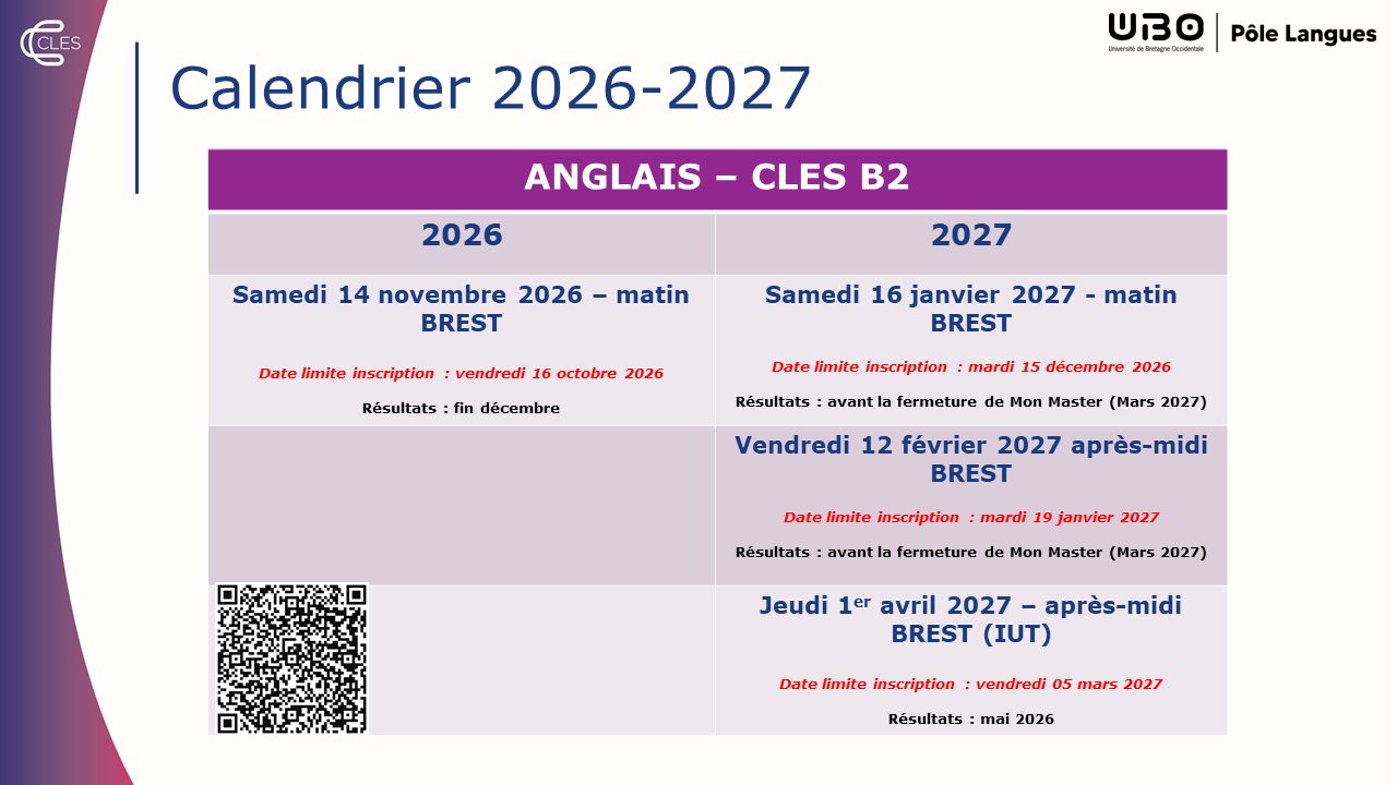 Calendrier CLES B2 anglais 2026-2027