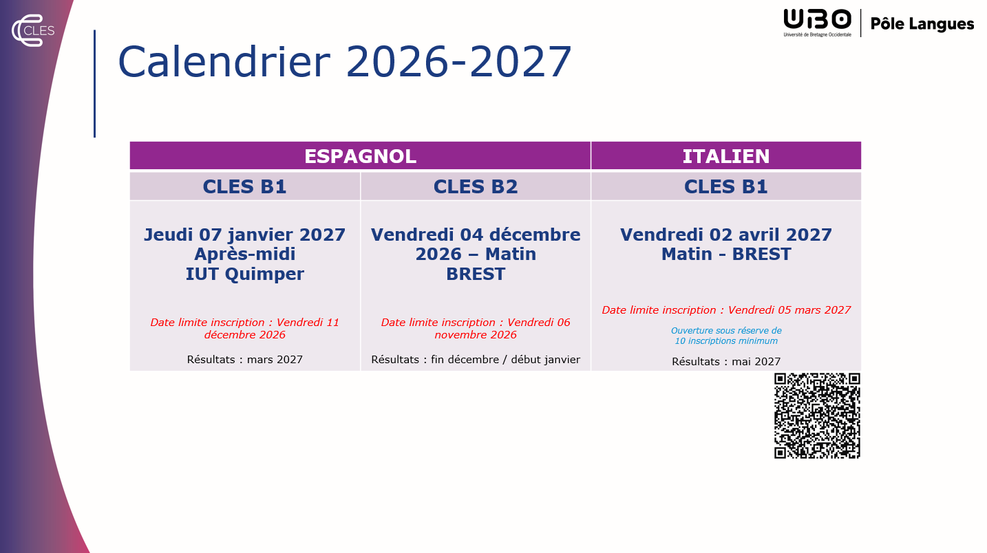 Calendrier CLES langues modimes 2026-2027