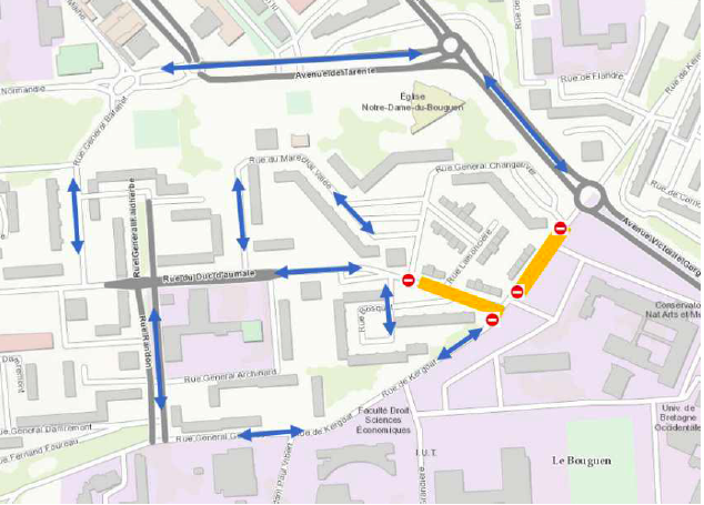 Les sens de circulation dans le quartier de Kergoat en décembre 2023
