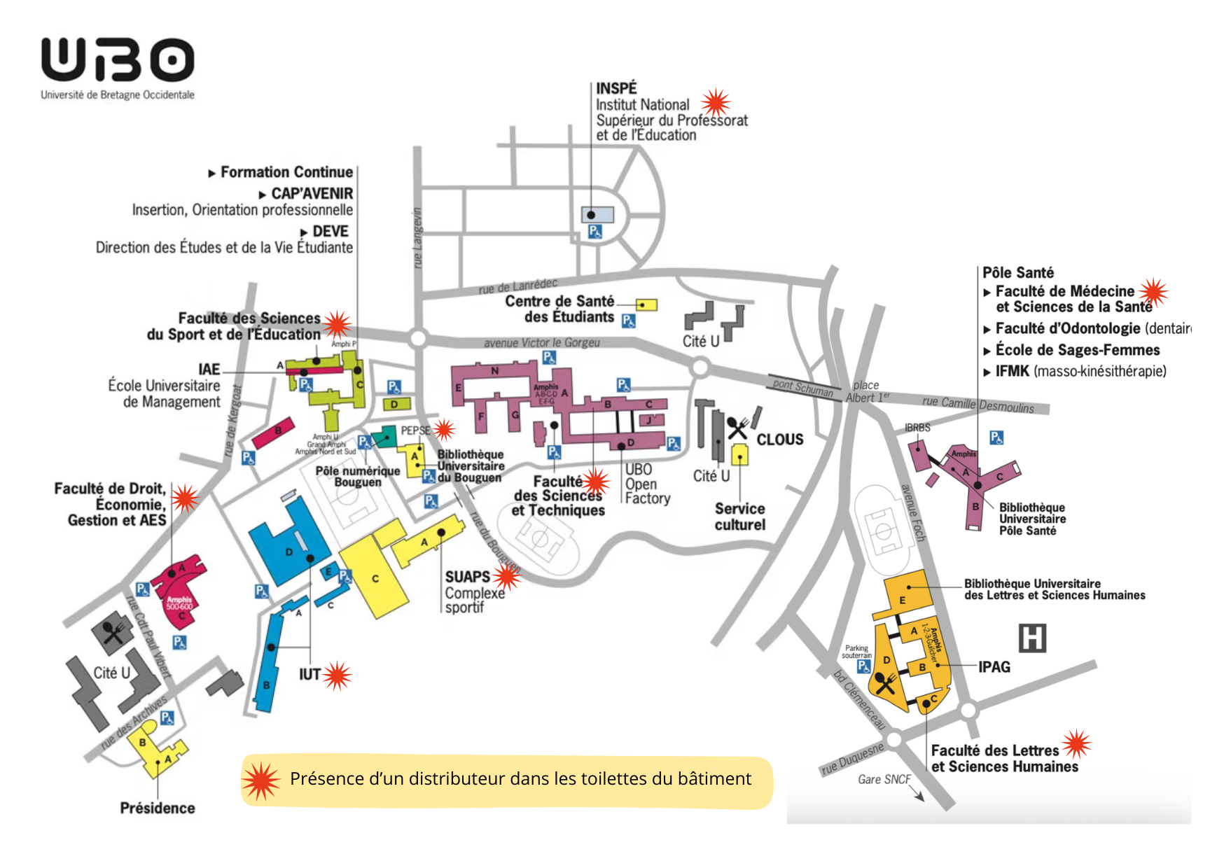 Plan du campus de Brest avec des étoiles indiquant dans quels bâtiments sont installés les distributeurs