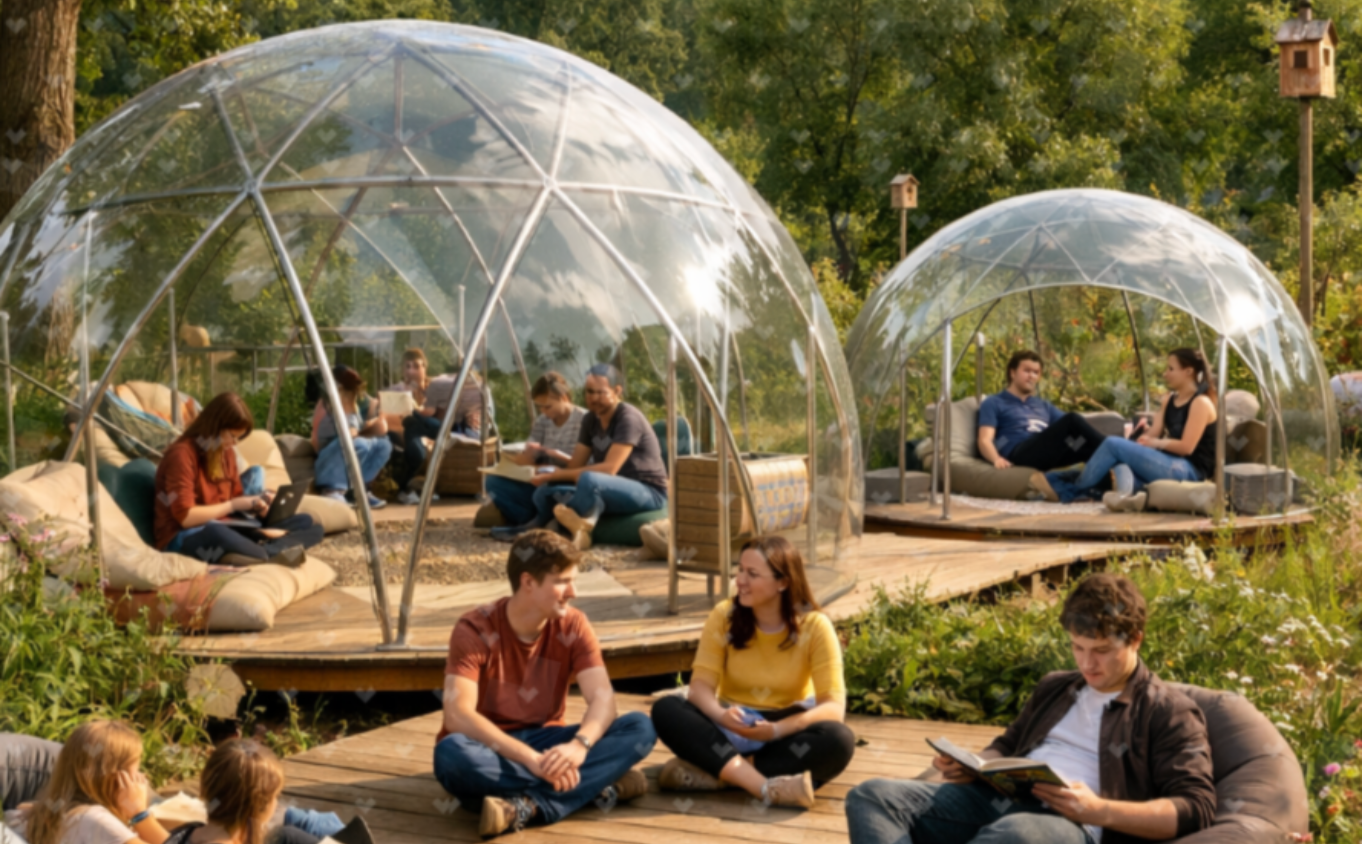 jeunes sont assis sur des terrasses en bois avec des bulles par dessus