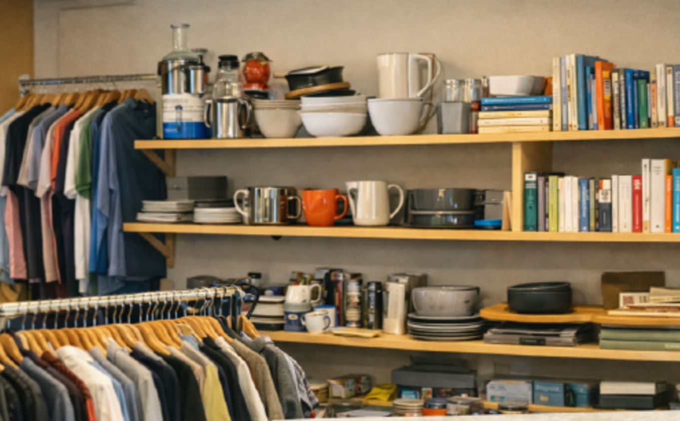 etagères avec des livres, vêtements et vaisselle