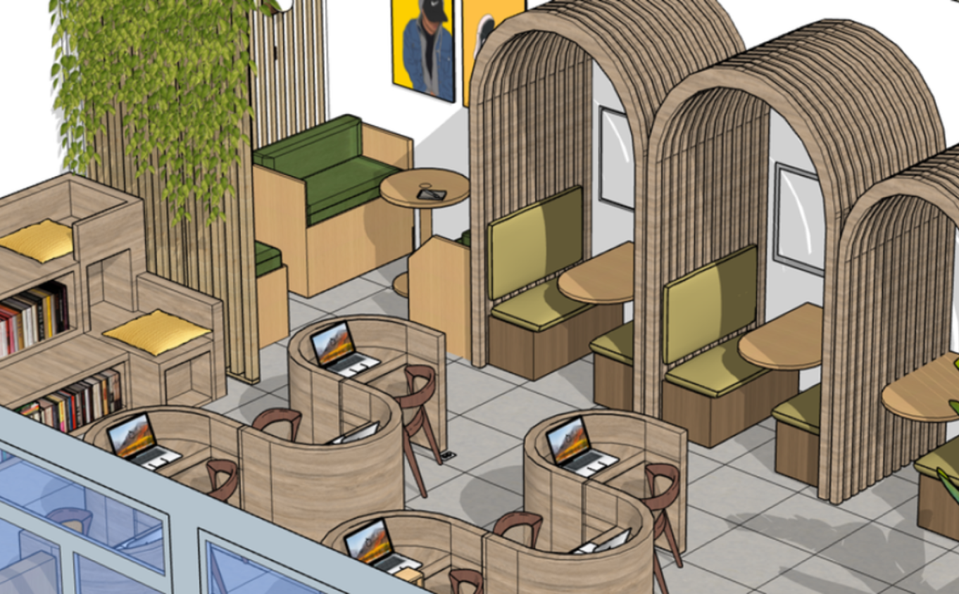 dessin d'un espace avec des tables de différentes formes