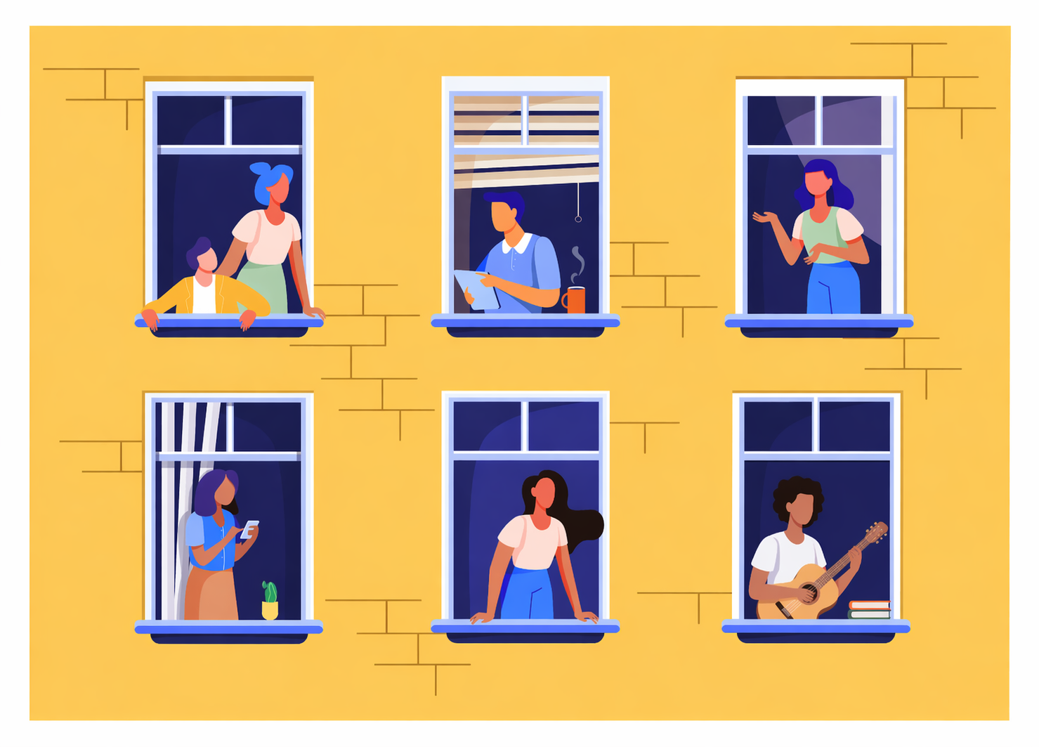 Dessin d'une façade d'immeuble jaune. Les fenêtres sont ouvertes et on voit des personnages faire plusieurs actions : discuter, jouer de la guitare, prendre l'air...