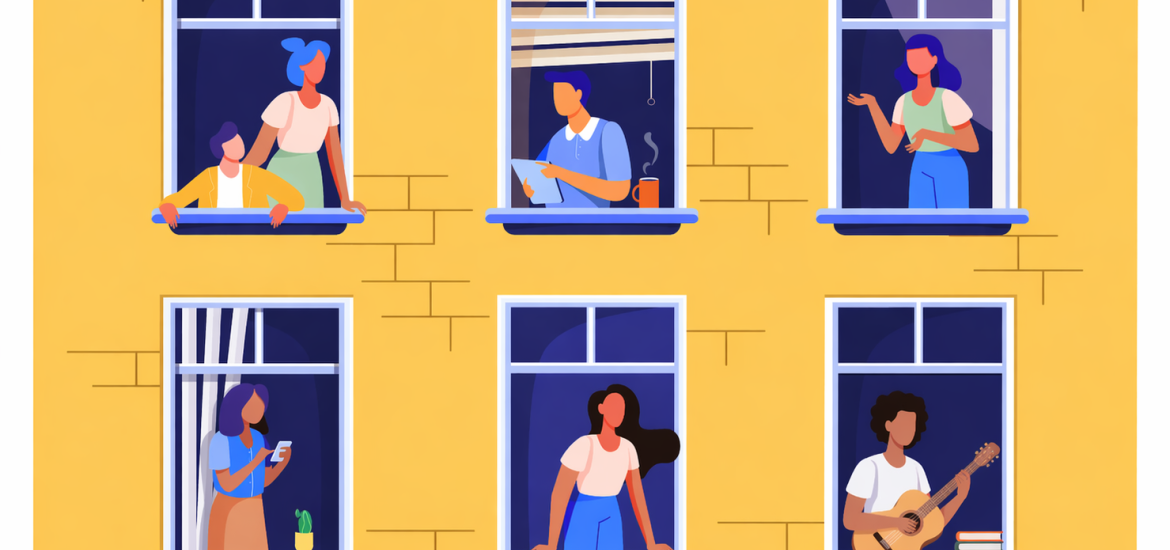 Dessin d'une façade d'immeuble jaune. Les fenêtres sont ouvertes et on voit des personnages faire plusieurs actions : discuter, jouer de la guitare, prendre l'air...